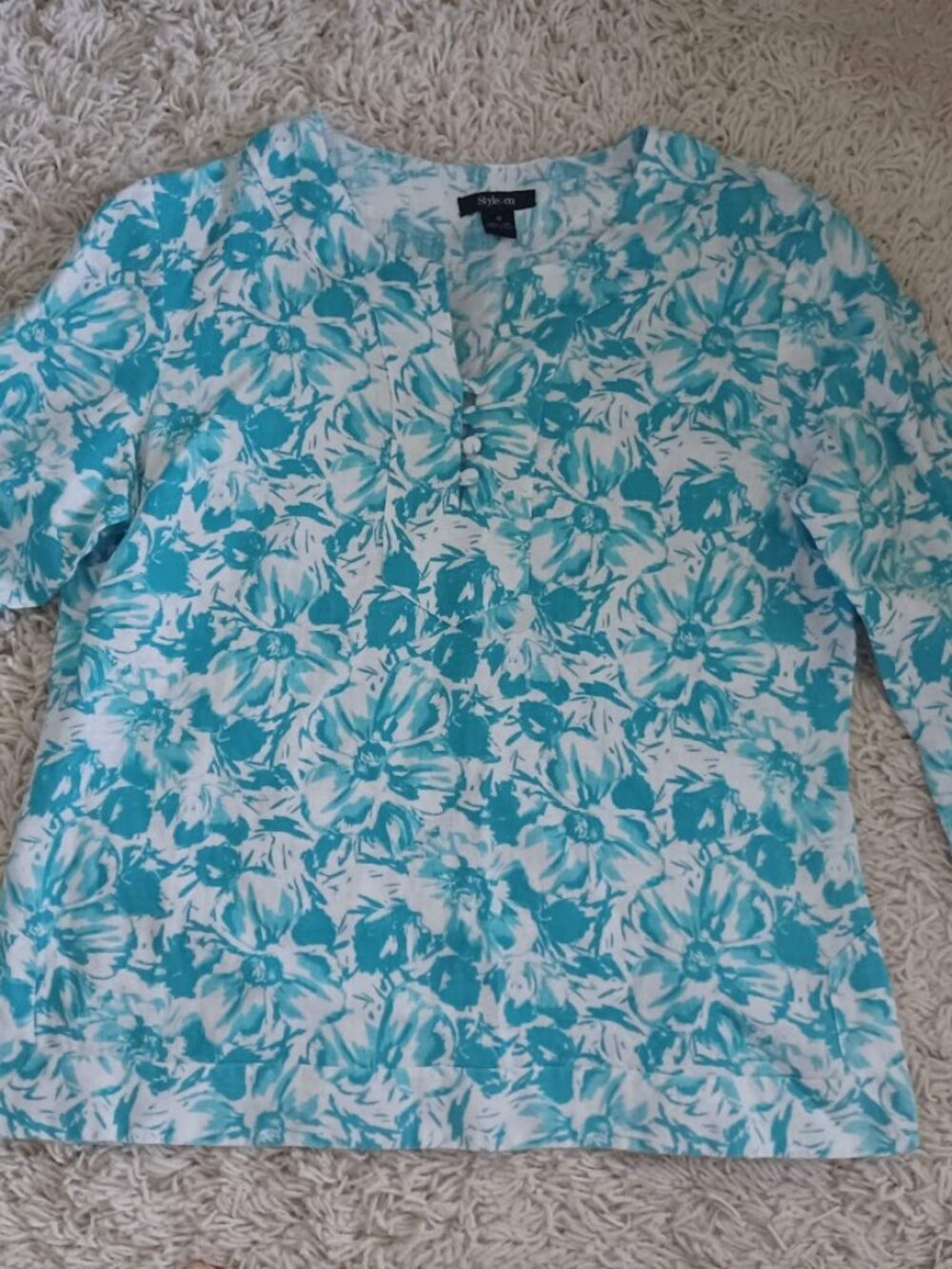 Style & Co Linen Tunic Top Women 16 Aqua White Floral 3/4 Sleeve Coastal